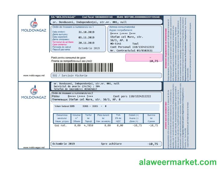 Moldova Moldovagaz utility bill template in Word and PDF format